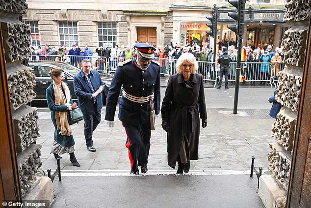 Camilla was escorted into the Guildhall by the Lord Lieutenant, Mohammed Saddiq, on Wednesday.