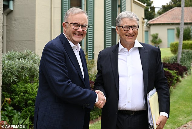 Prime Minister Anthony Albanese (left) welcomes Bill Gates at Kirribilli House in Sydney, Saturday, January 21, 2023.