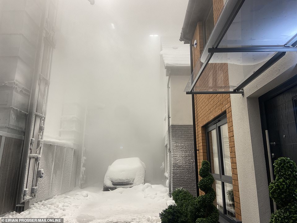 During the visit, scientists changed the temperature to a chilly -16 degree C and started a snow storm covering the home and electric car in powder