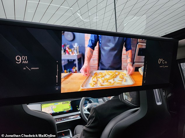 When passengers are done with the screen, it rotates 90 degrees and sits comfortably on the roof, which is made of glass and lets in more natural light than a normal car.