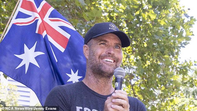 Pete Evans (pictured) speaking in Hyde Park Sydney at the anti-vaccine march against mandatory covid vaccinations