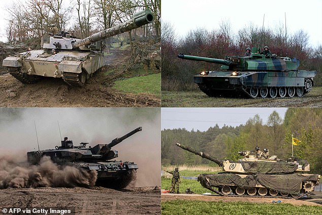 Tanks for these: This combination of archival photos created on January 25, 2023 shows (TOP LEFT/BOTTOM RIGHT): A British Challenger tank, a French Leclerc tank, a Polish German Leopard tank, and a US Abrams tank.