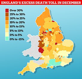 MailOnline analysis of regional fatality data in December from the Office for Health Improvement and Disparities revealed which areas have been battered most by the wave of excess deaths