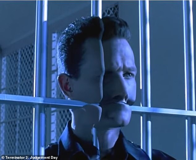 The robot seems to pull inspiration from Terminator 2: Judgment Day. In the 1991 film T-1000 liquifies himself to walk through metal bars