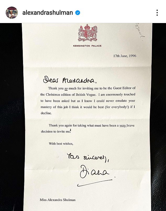 Former Vogue editor Alexandra Shulman has revealed that Princess Diana turned down the chance to take the helm and shared the rejection letter on Instagram.