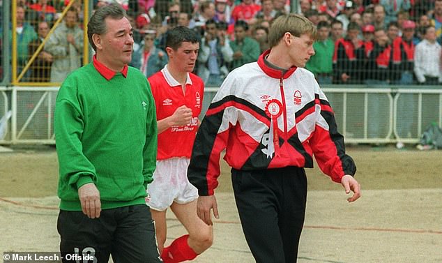 Clough, Keane and Stuart Pearce (L-R) leave during the 1992 Football League Cup Final