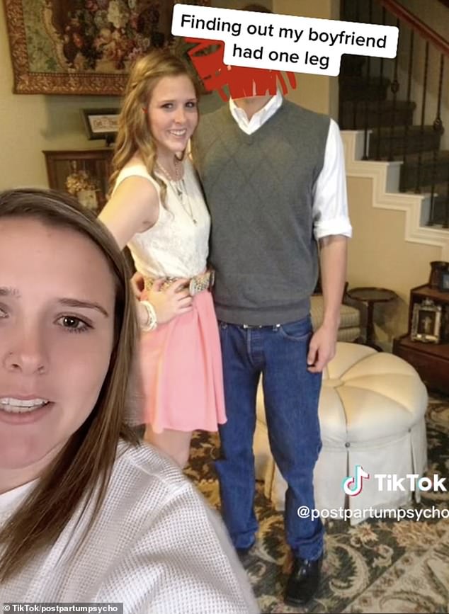 After taking a close look at a photo they took together, she realized she had been dating a man with 'one leg' (pictured: the photo).  Tiffany shared the story on TikTok