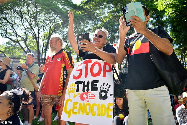 Invasion Day demonstrations are now common across Australia.  Protesters are pictured at one on Thursday in Sydney