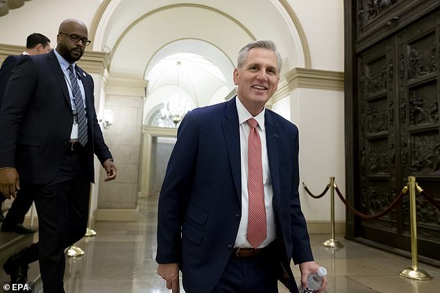 Democrats said House Speaker Kevin McCarthy (pictured) was carrying out orders from 'his master at Mar-a-Lago' as 'retaliation' for impeaching former President Donald Trump by removing them from the Committee on Chamber Intelligence.