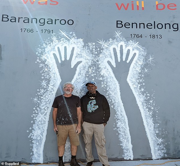 Mr. Guider's mural (left), titled 'Our Original Heroes', features portraits of Bennelong and Barangaroo separated by spirit hands painted by indigenous artist Frank Wright (right)