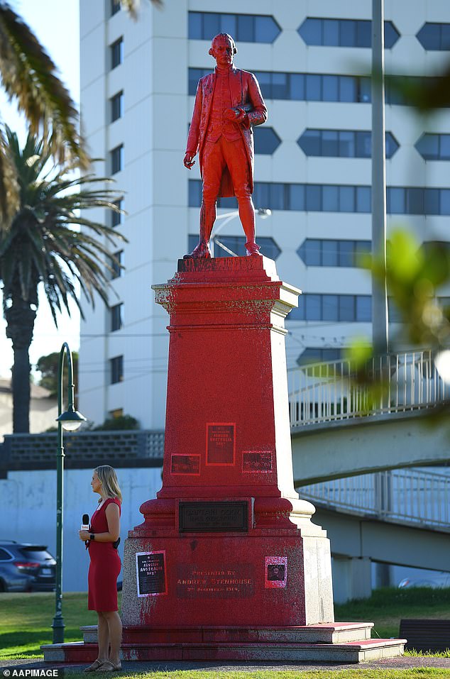 The Captain Cook monument in St Kilda, south-east Melbourne, was vandalized with red paint during the Invasion Day protests in 2022.