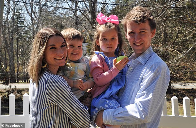 Lindsay Clancy, 32, (left) allegedly strangled her five-year-old daughter Cora (center right) and three-year-old son Dawson (center left) to death and tried to suffocate her baby inside the family home before launching from the second story.  window.  Her horrified husband, Patrick, 34, (right) discovered Clancy unconscious outside her Duxbury home.