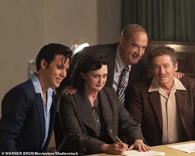 Star Studded: Butler landed the role in July 2019 opposite Tom Hanks, who played Elvis's infamous manager Colonel Tom Parker;  (L-R) Austin Butler, Helen Thomson, Tom Hanks and Richard Roxburgh in Elvis (2022)