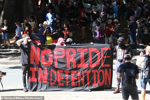 Protesters marching from Belmore Park to the Yabun Festival in Victoria Park, Camperdown (pictured)