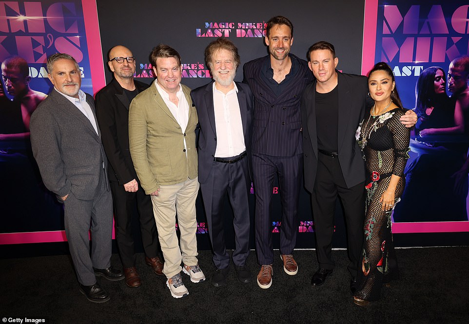 Very soon!  Magic Mike's Last Dance is the last film in the trilogy;  (L-R) Gregory Jacobs, Steven Soderbergh, Nick Wechsler, Reid Carolin, Channing Tatum and Salma Hayek at Wednesday's premiere in Miami