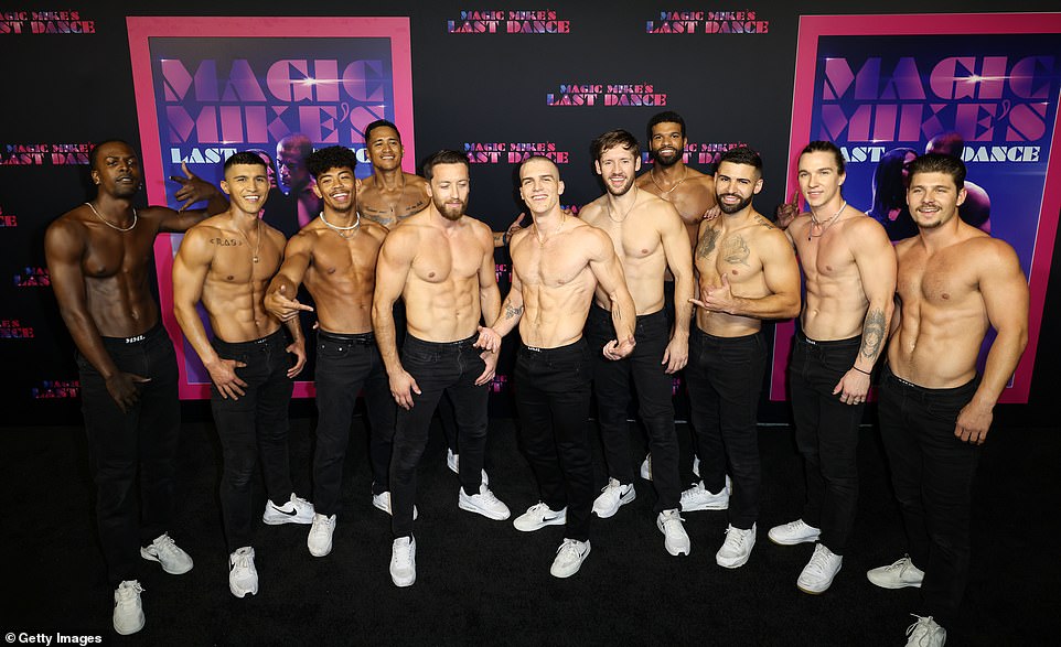 Muscle men!  The cast of Magic Mike's Last Dance showed off their chiseled physiques by going shirtless on the red carpet.