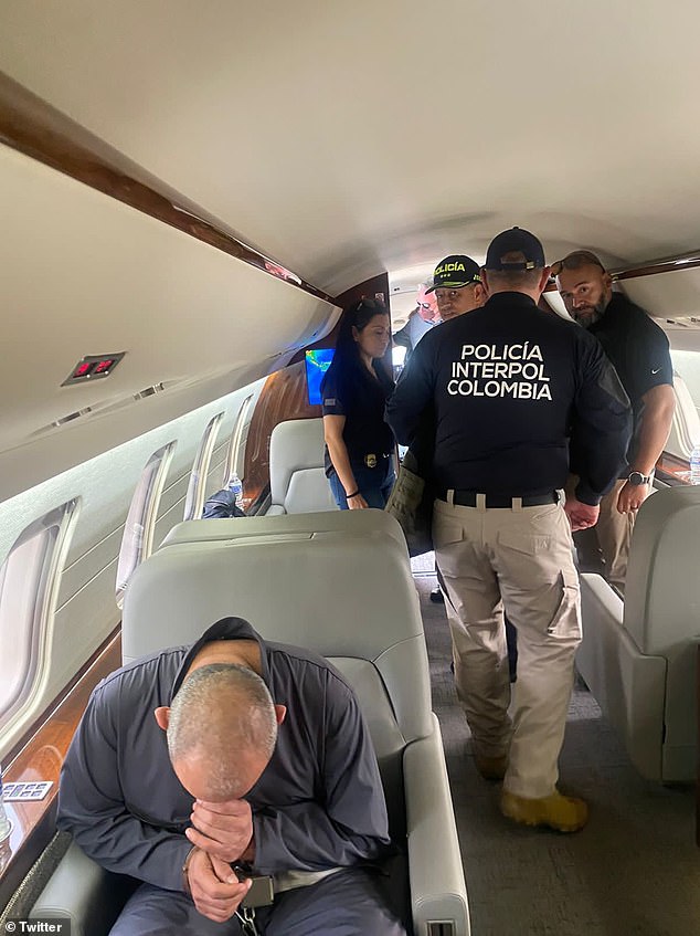 Colombian drug trafficker Dairo Antonio ¿Otoniel¿ Úsuga seen inside a DEA plane before it took off from Bogotá, Colombia, to John F. Kennedy International Airport