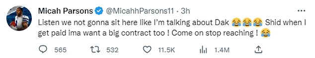 Parsons sent out a second Tweet to respond to claims that he was shading his star quarterback.