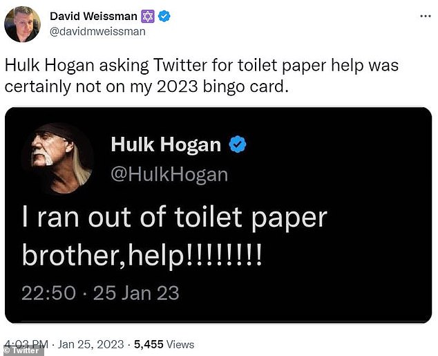 Bingo: @DavidWeissman added: 'Hulk Hogan asking for help with toilet paper certainly wasn't on my 2023 bingo card'