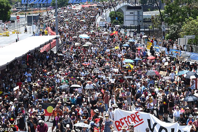 Hundreds of thousands of people took to the streets across the country to protest on Australia Day (pictured)