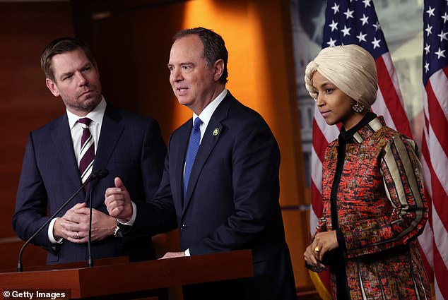 Swalwell (left) and Schiff (center) have been removed from the House Intelligence Committee, while Omar (right) is being threatened with a full vote to remove her from the House Foreign Affairs Committee.  They held a press conference on Wednesday to respond