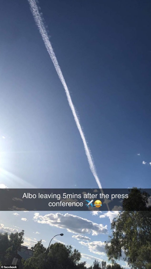 One person posted a photo of the contrail of the PM's plane and wrote 'Albo leaving 5 minutes after the press conference.