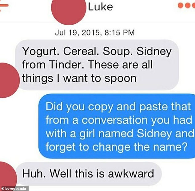 One person sent an old pickup line copy-pasted to a new match on Tinder, but forgot to change the names.