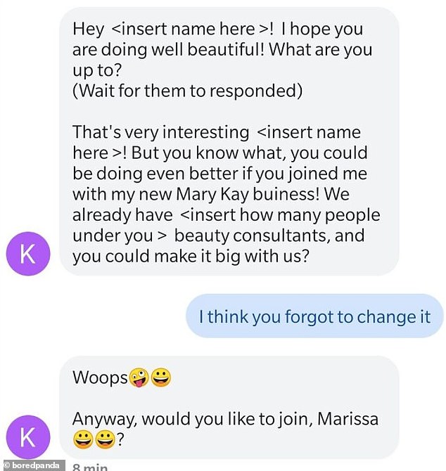 A multi-level marketing recruiter in the US was unfazed after the person they contacted pointed out that they forgot to change the pasted message to make it more personal.