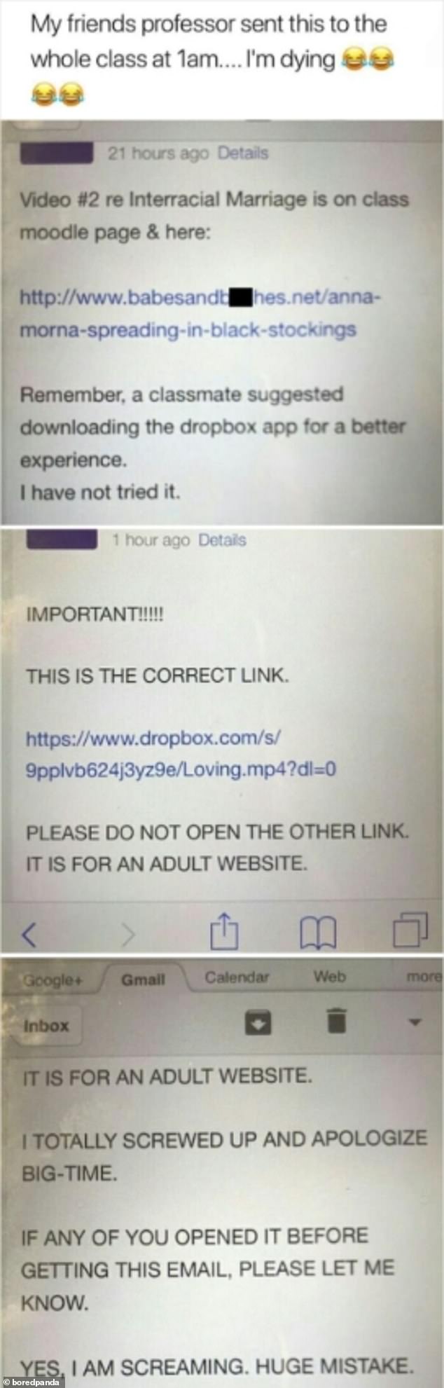 A US college professor was left 'screaming' after accidentally sending a link to an adult website to his entire class.