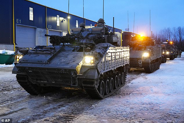 Armored vehicles from Britain prepare to move into Estonia after being engaged by Kyiv forces.