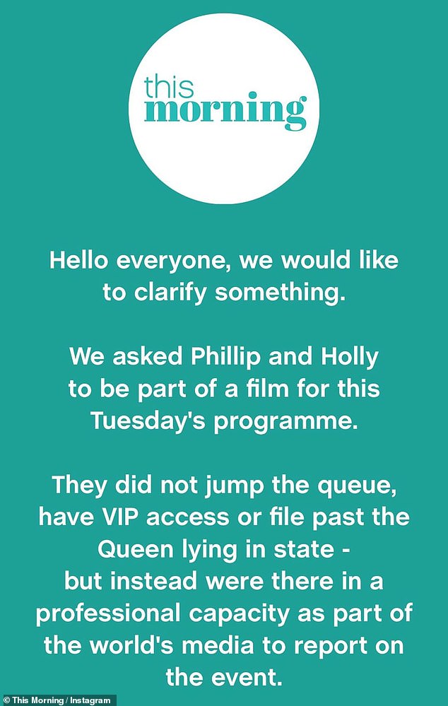 Raise your voice: This Morning bosses denied show hosts Holly and Phillip had 'VIP access' and performed 'beyond the Queen lying in state'