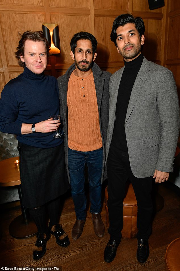 Waving: Pictured are actor Sagar Radia and Amar Singh with Christopher Kane