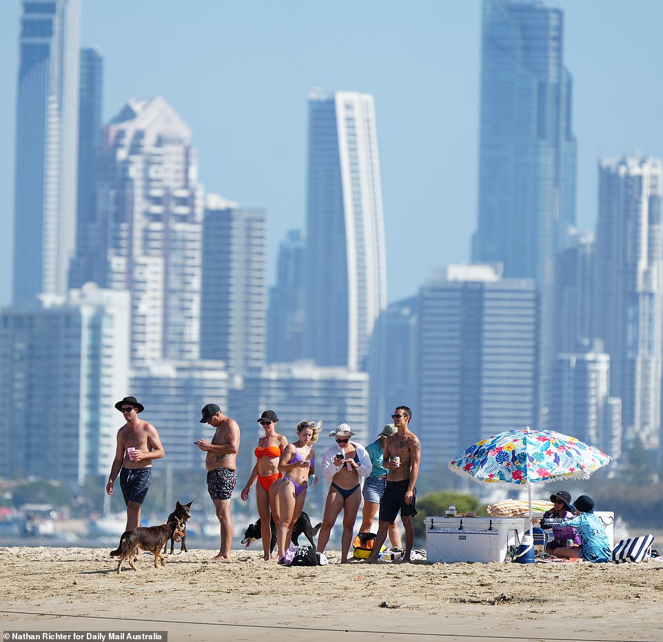 Beachgoers and their dogs enjoy the waves on the Gold Coast on Thursday as thousands turned out for protests in capital cities.