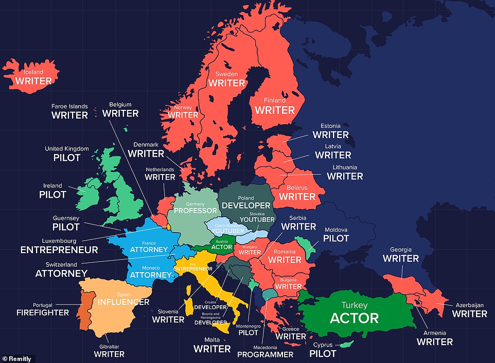 On the map - generated using 12 months of Google search data – country names have been supplemented by the jobs their residents most want information about with a view to a career change. Above are the most popular professions in Europe