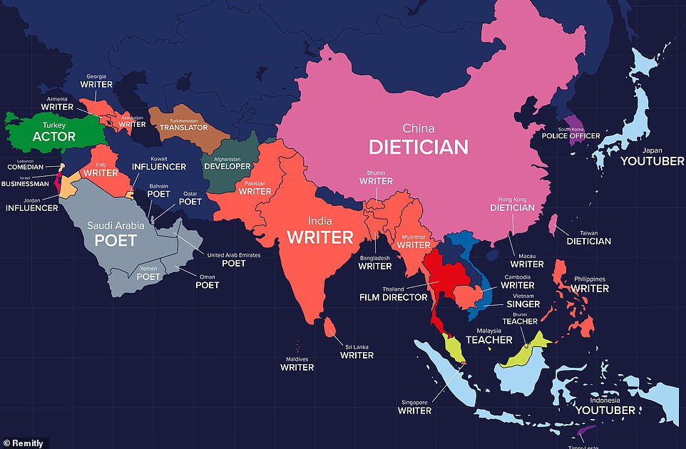 In Asia and the Middle East, being a poet is top in the UAE, Saudi Arabia, Yemen and Oman, while in China, being a dietician is number one