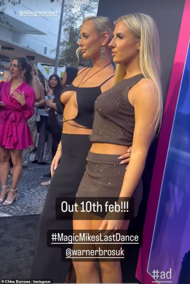 Incredible: Meanwhile, Chloe (right) wowed in a chic brown shimmering miniskirt and coordinating tank top as she posed on the red carpet with Millie (left)