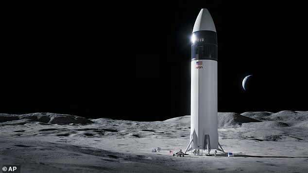 NASA has set a deadline of returning human boots to the lunar surface in 2025. Pictured is an artist's impression of the SpaceX Starship human lander that will be used to carry them there