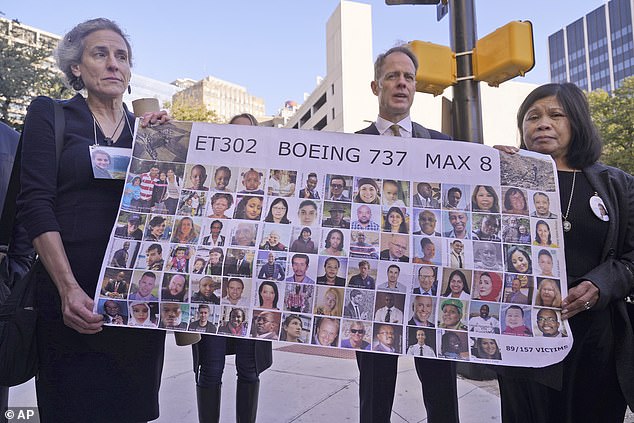 The manufacturer's not guilty plea comes after the families of 350 people who died in the two high-profile crashes called for greater transparency about the safety of the best-selling plane.  Pictured are family members and their attorney Paul Cassell (center) outside the hearing in Forth Worth