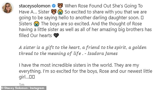 Over the moon: She wrote: 'When Rose found out she's having a...sister.  So excited to share with you that we will soon greet another dear daughter'
