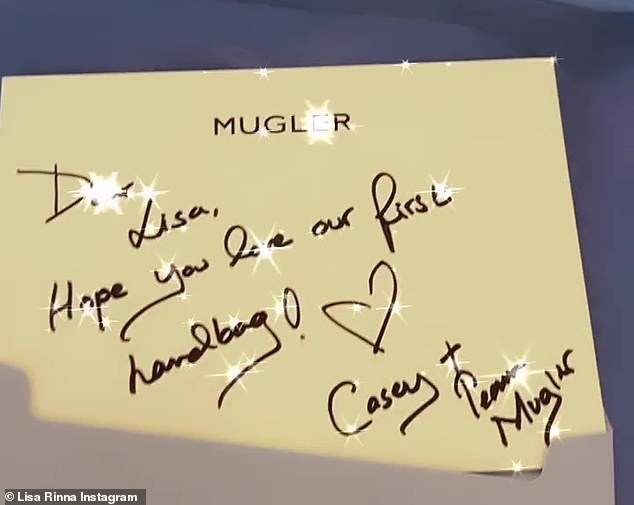 Thank you: The RHOBH alum also shared a card from the House of Mugler revealing that she received the fashion house's first tote bag