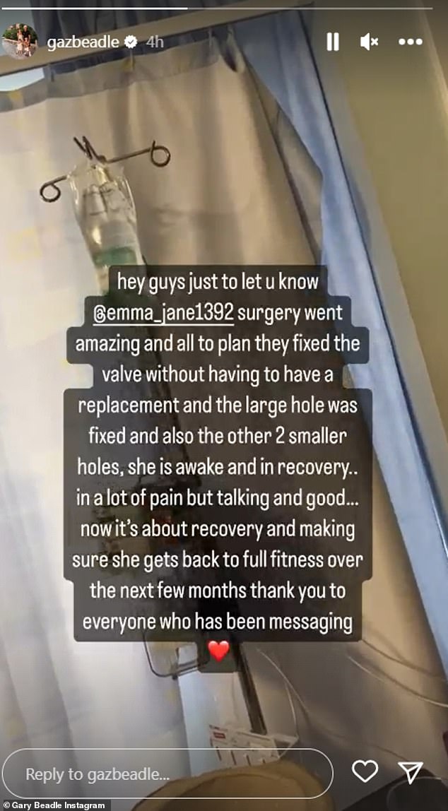 Surgery: The former Geordie Shore star, 34, took to Instagram on Thursday to update fans after Emma's operation, revealing that doctors had managed to repair her valve and three holes