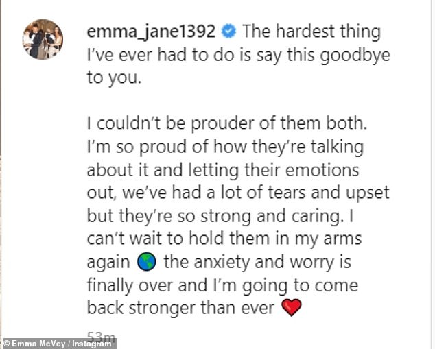 Doting Mum: Emma wrote: 'The hardest thing I've ever had to do is say goodbye to you.  Couldn't be more proud of both of you'