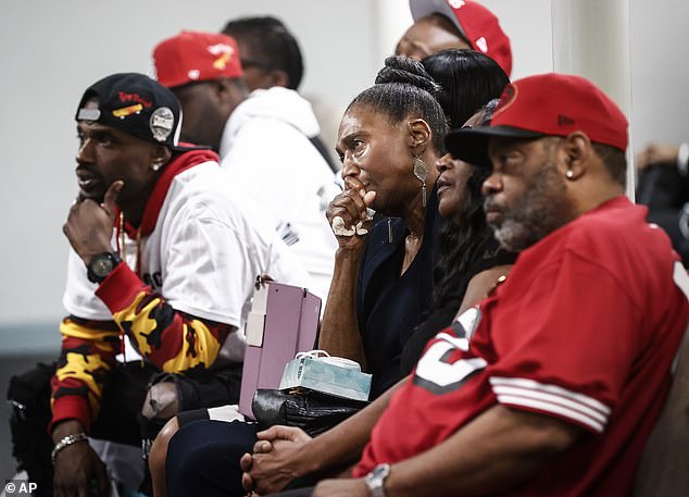 LaRay Honeycutt, center, along with family members attend a memorial service for her grandson Tire Nichols, Tuesday, Jan. 17, 2023, in Memphis, Tenn.