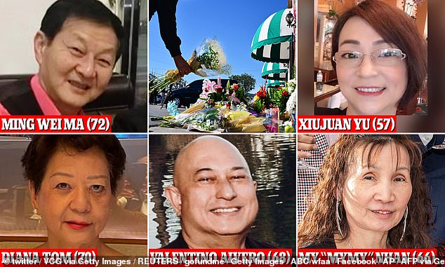 The 11 victims of the horrific mass shooting in Monterey Park that occurred in the midst of Lunar New Year celebrations are: My Nhan, 65, Lilian Li, 63, Xiujuan Yu, 57, Muoi Ung, 67, Hong Jian, 62, Diana Tom , 70 , Yu Kao, 72, Chia Yau, 76, Valentino Alvero, 68, Wen Yu, 64 and Ming Ma, 72,