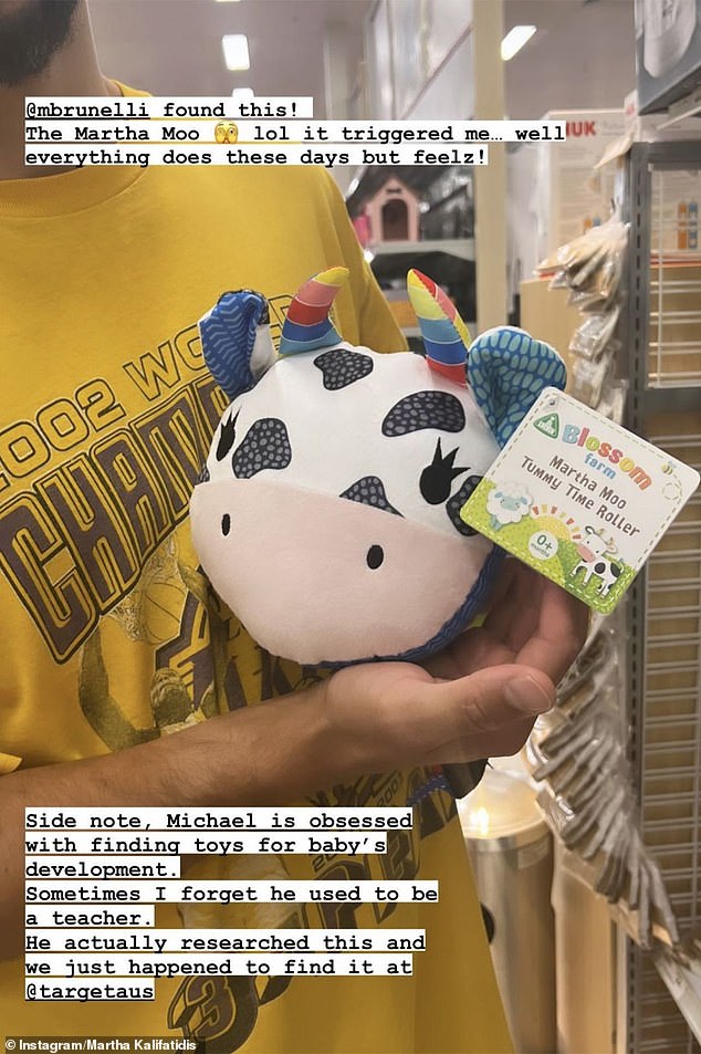 The couple, who are expecting their first child together in March, stumbled across a stuffed cow named 'Martha Moo', which reminded the 34-year-old influencer of her ever-changing body.