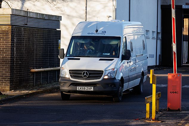 Bryson, 31, was transferred to a men's prison today after outrage from activists, politicians and a United Nations human rights expert.  The rapist will return to court for sentencing next month.  Pictured: A prison van believed to be transporting Isla Bryson to a men's prison is seen leaving Cornton Vale Women's Prison in Stirling at 2:30pm this afternoon.