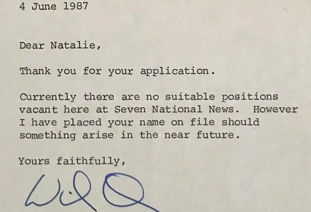 The 54-year-old was cleaning her childhood home in Bunbury, WA, when she discovered a rejection letter from Seven's Perth office, dated June 1987.