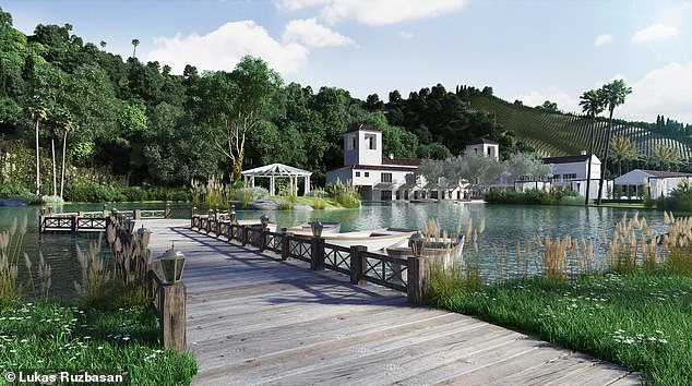 A rendering of a private pond built in Senderos Canyon