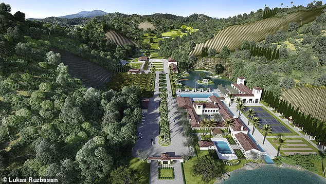 An aerial view of a rendering of a vineyard built in Senderos Canyon