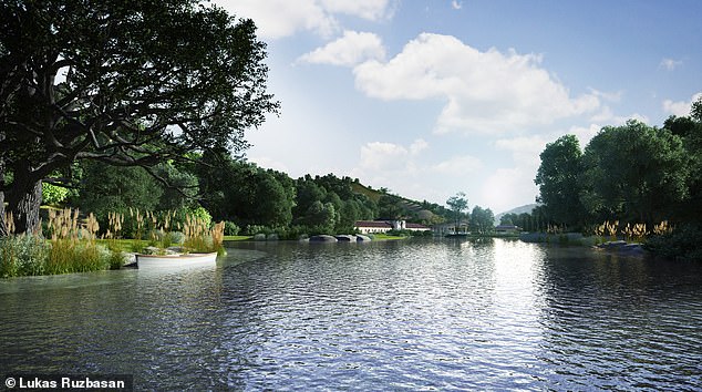 A representation of an artificial lake built in the Senderos Canyon